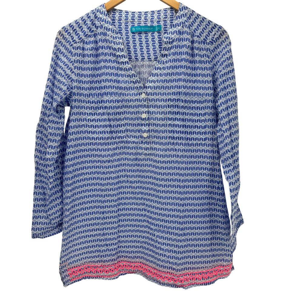 Tori Richard‎ Blouse Womens Small Coastal Blue Popover Long Roll Tab Sleeves